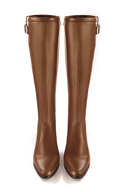 Caramel brown women's knee-high boots with buckles. Round toe. Low leather soles. Made to measure. Top view - Florence KOOIJMAN